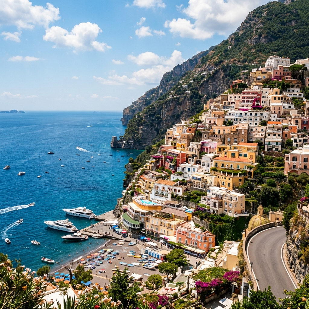 Sunny view of Amalfi Coast colorful houses stacked on a cliff by the blue Mediterranean sea