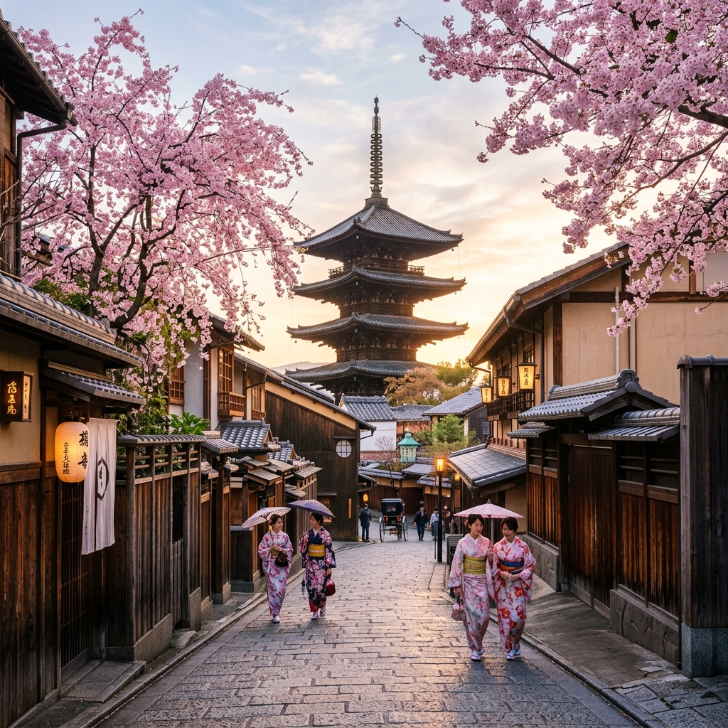 Serene Kyoto street under pink spring cherry blossoms with historic pagoda