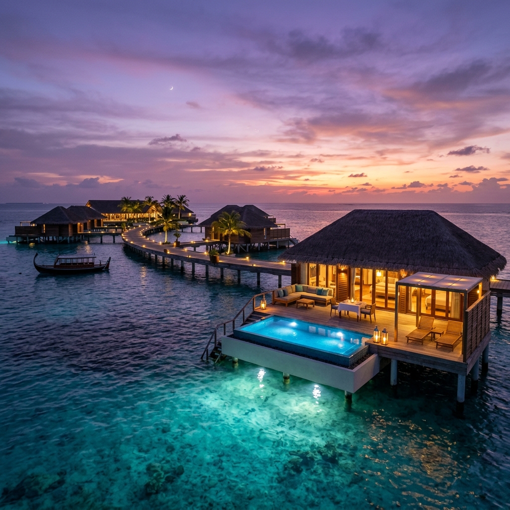 Luxury Maldives water villa overlooking a sunset pool