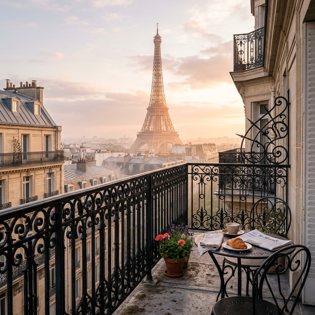 Balcony view of Eiffel Tower in Paris at misty sunrise with croissant and coffee